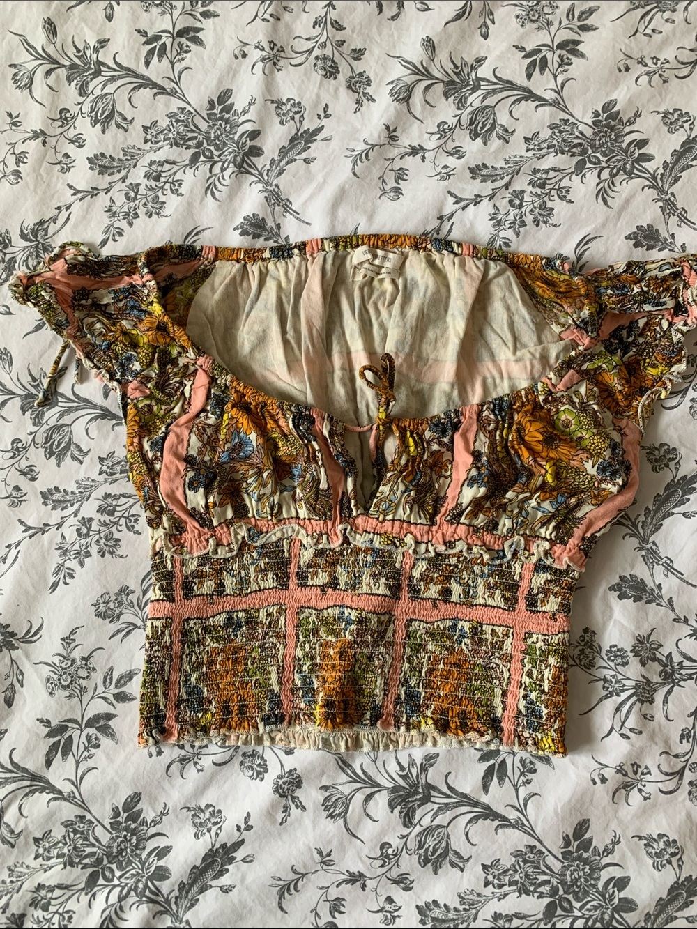 Urban Outfitters Floral Smocked Crop Top in Pink, Green, Yellow, Blue
